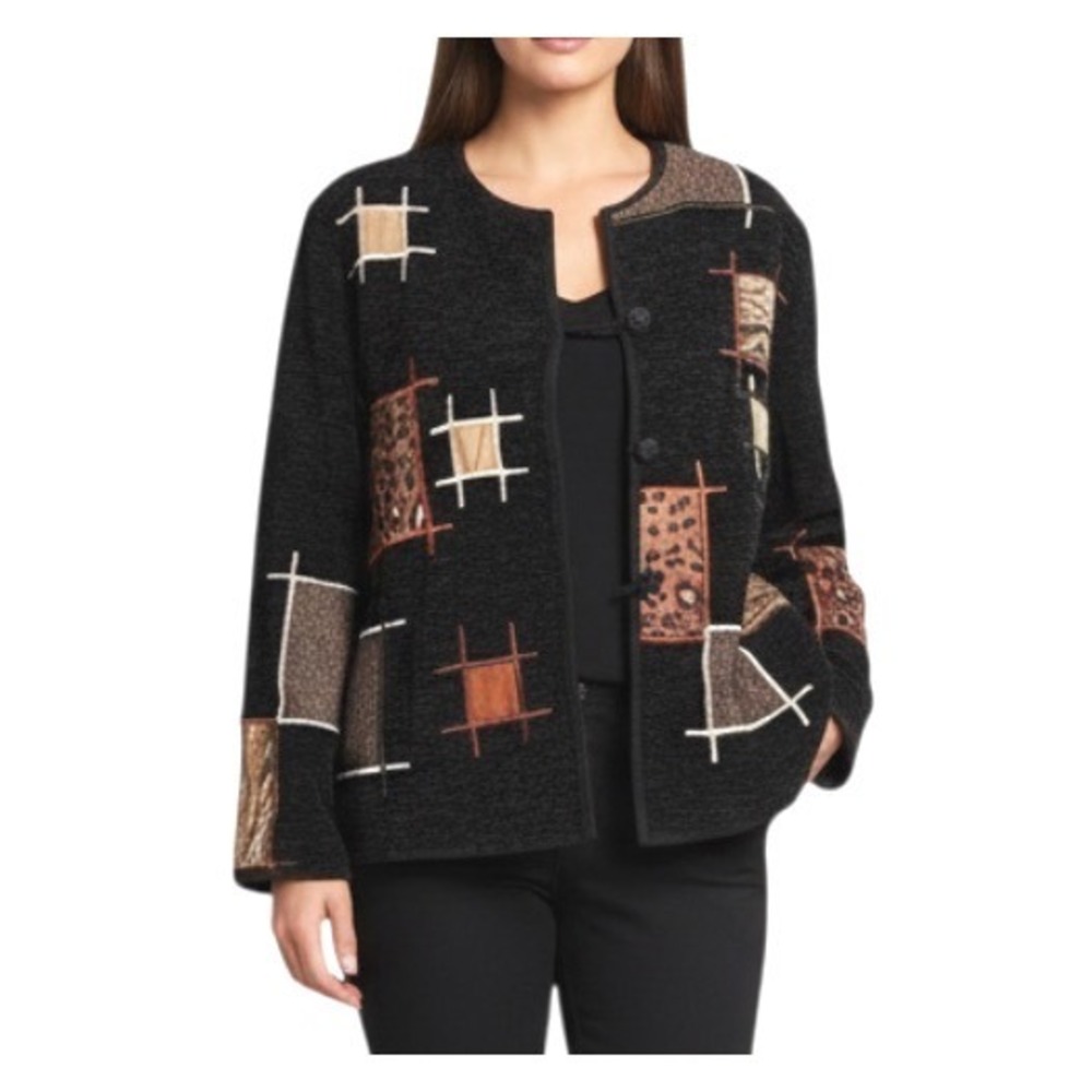 VTG ALLURE (ALEX KIM) Black Chenille Jacket PATCHWORK EMBROIDERED Leopard PXS XS